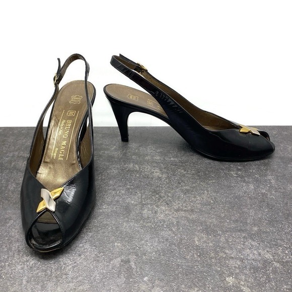 BRUNO MAGLI Black Leather Slingback Peep Toe Heels Women's 7.5 AAA Made in ITALY - Picture 1 of 12